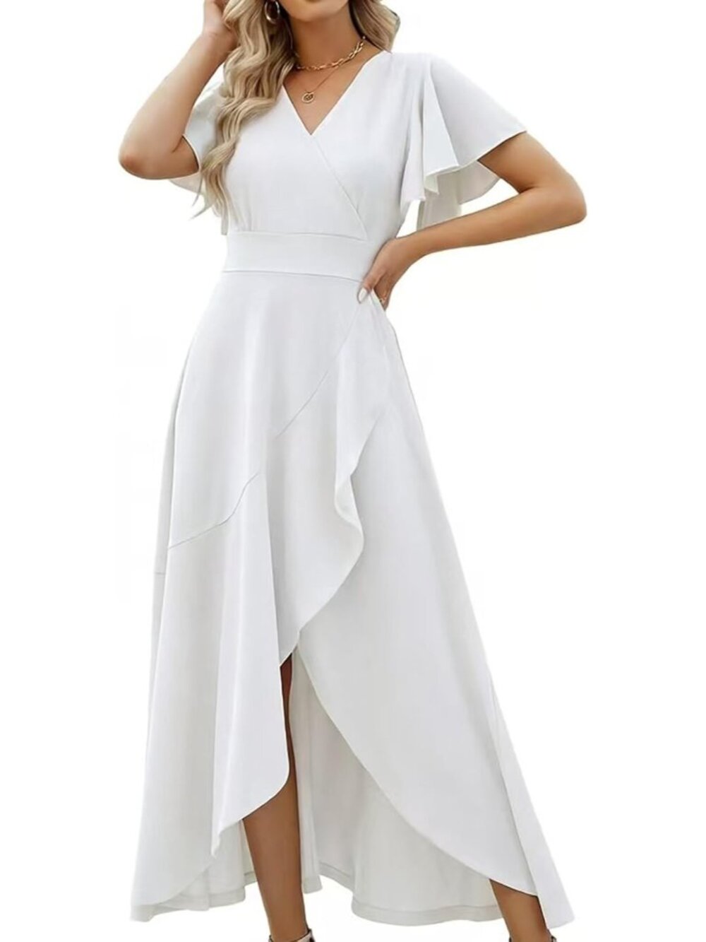 Women's White Gowns Evening V Neck Ruffle Skirts Maxi Wedding Guest Dresses